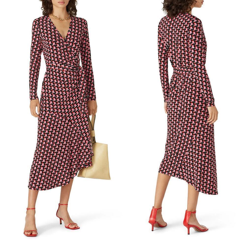 Yumi Kim Sabine Dress Geometric Print Long Sleeve Midi Wrap Red Black Pink Small
